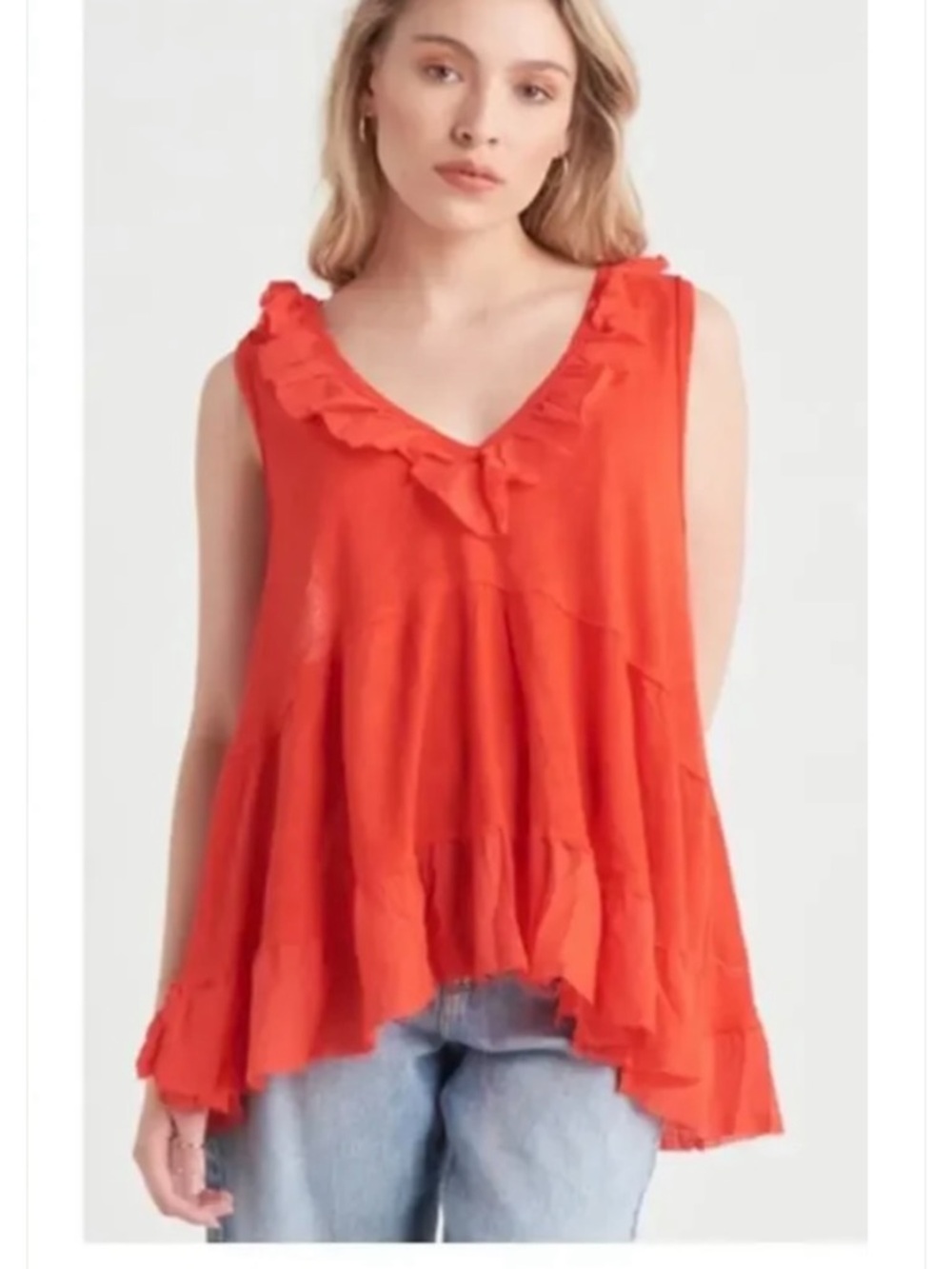 Free People Sleeveless Ruffle Linen Blend V-Neck Tunic Tank - Red/Orange